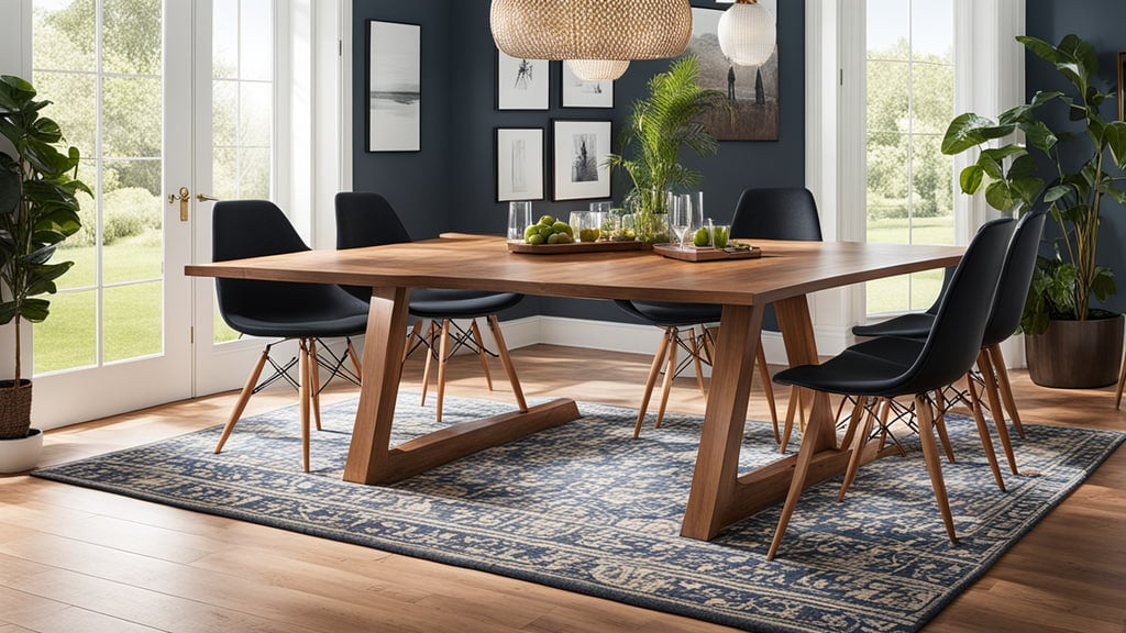 Een vloerkleed in een huurwoning onder een moderne eettafel. Een vloerkleed in een huurwoning onder een moderne eettafel.