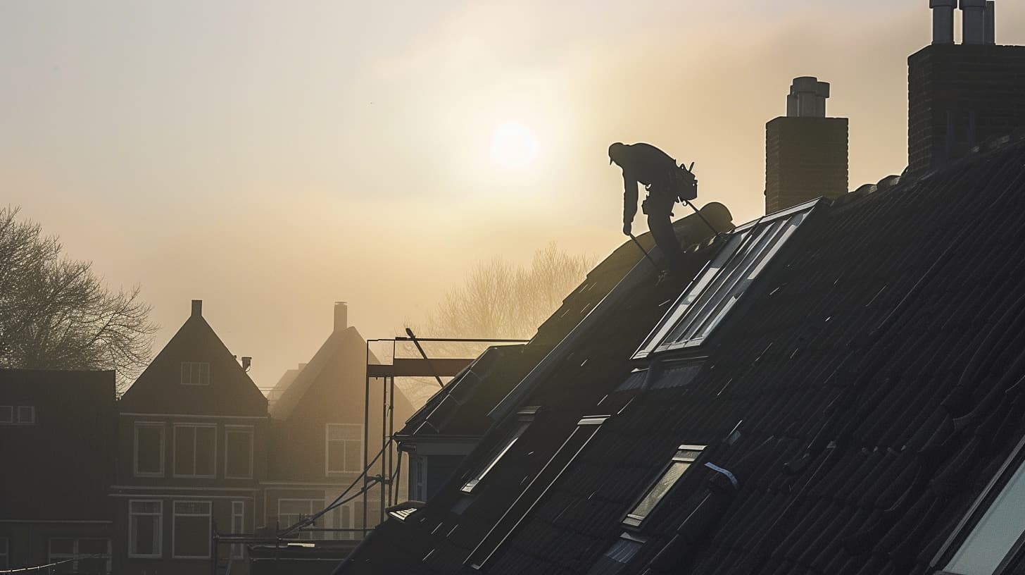 Bouwvakker is onderhoud aan het dak van een huurwoning aan het doen in het zonnetje Bouwvakker is onderhoud aan het dak van een huurwoning aan het doen in het zonnetje
