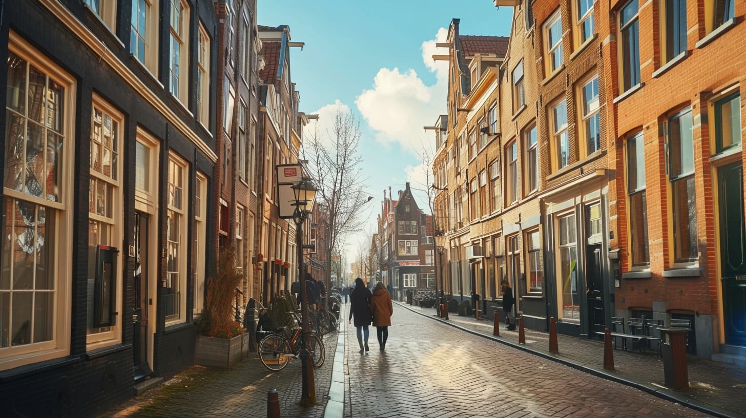 Man en vrouw lopen door een straat met huurwoningen