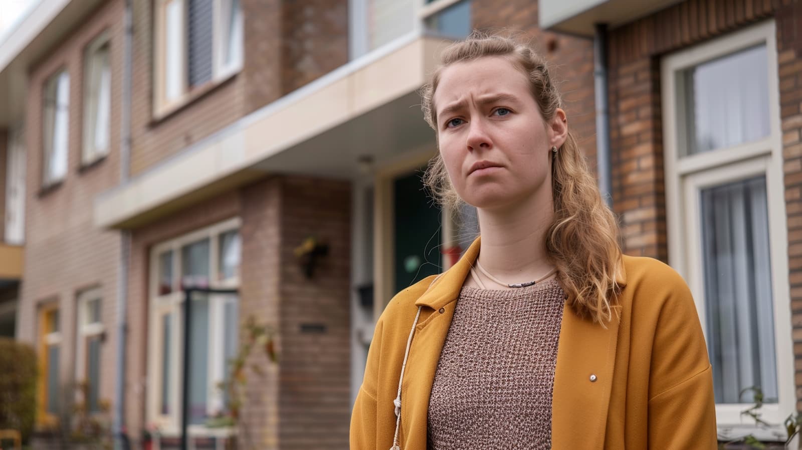 Een jonge Nederlandse vrouwelijk huurder met een gele jas staat voor haar huis en kijkt ontevreden
