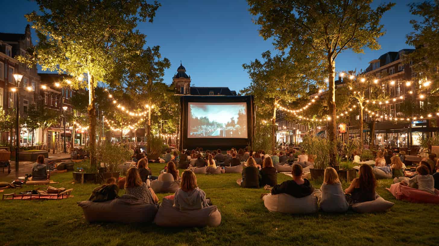 Studenten kijken naar film in openluchtbioscoop