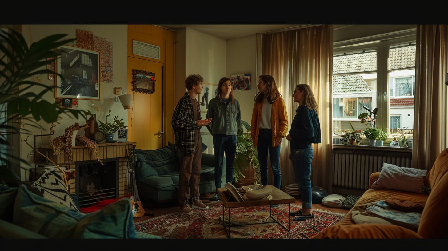 Vier jonge mensen staan in een woonkamer. Er is sprake van overbewoning. Vier jonge mensen staan in een woonkamer. Er is sprake van overbewoning.