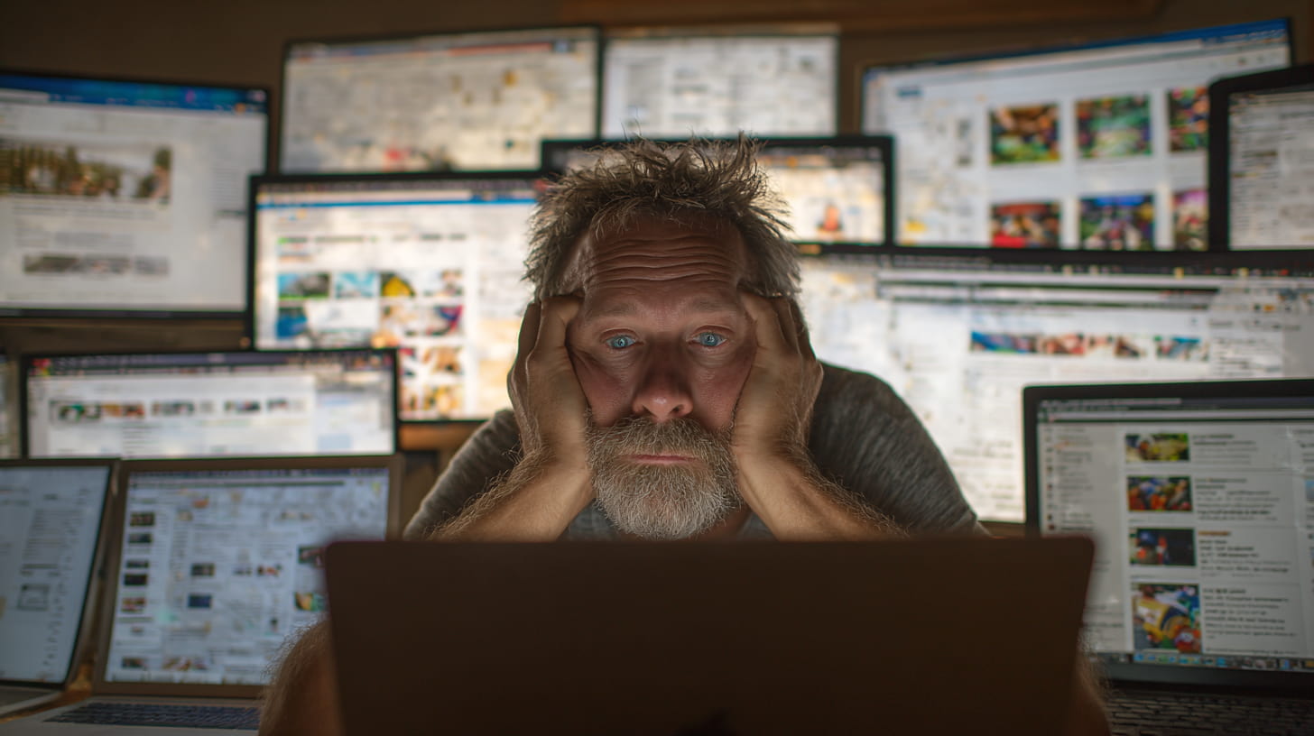 Vermoeide man scrolt door talloze browser-tabbladen met huurwebsites, chaotische zoektocht.