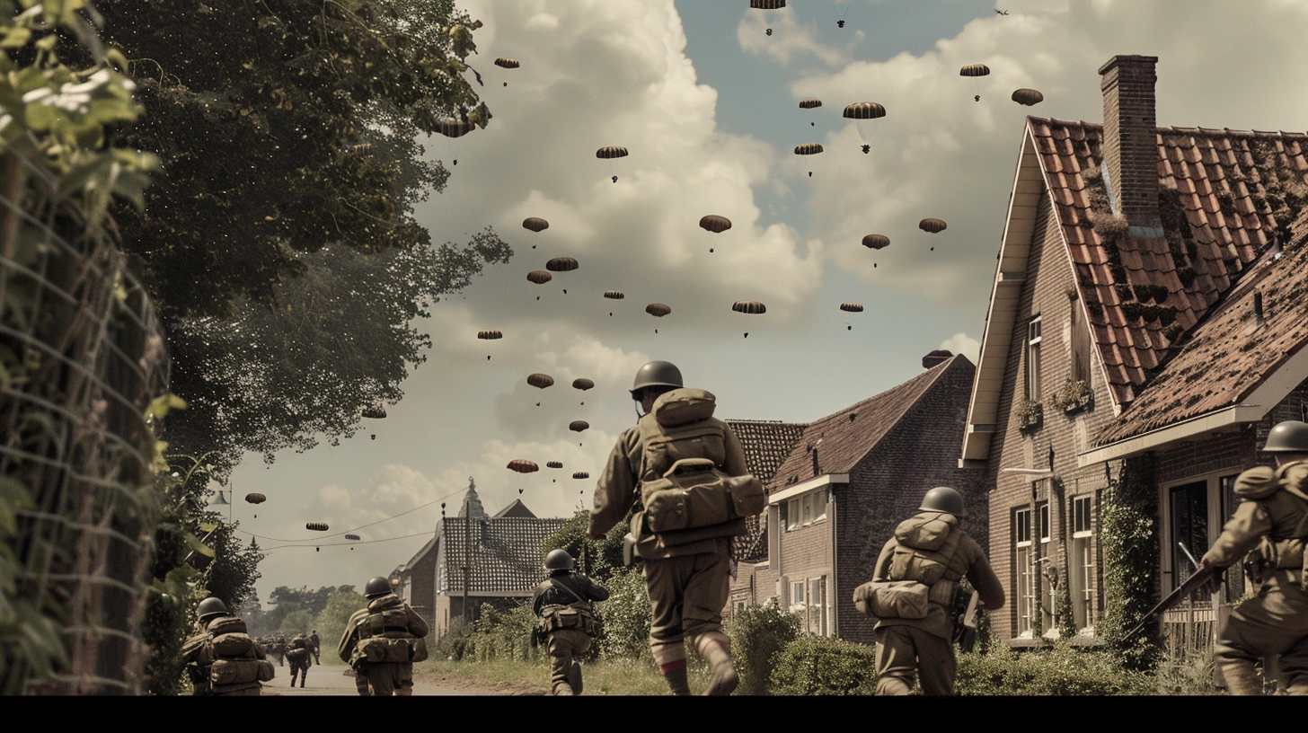 Amerikaanse parachutisten rennen door een woonwijk in Arnhem tijdens Market Garden. Er hangen nog veel parachutisten in de lucht. Amerikaanse parachutisten rennen door een woonwijk in Arnhem tijdens Market Garden. Er hangen nog veel parachutisten in de lucht.