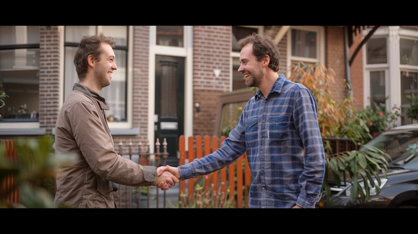 Twee mannen schudden elkaar de hand. Een gaat particulier huren van de particuliere verhuurder. Twee mannen schudden elkaar de hand. Een gaat particulier huren van de particuliere verhuurder.