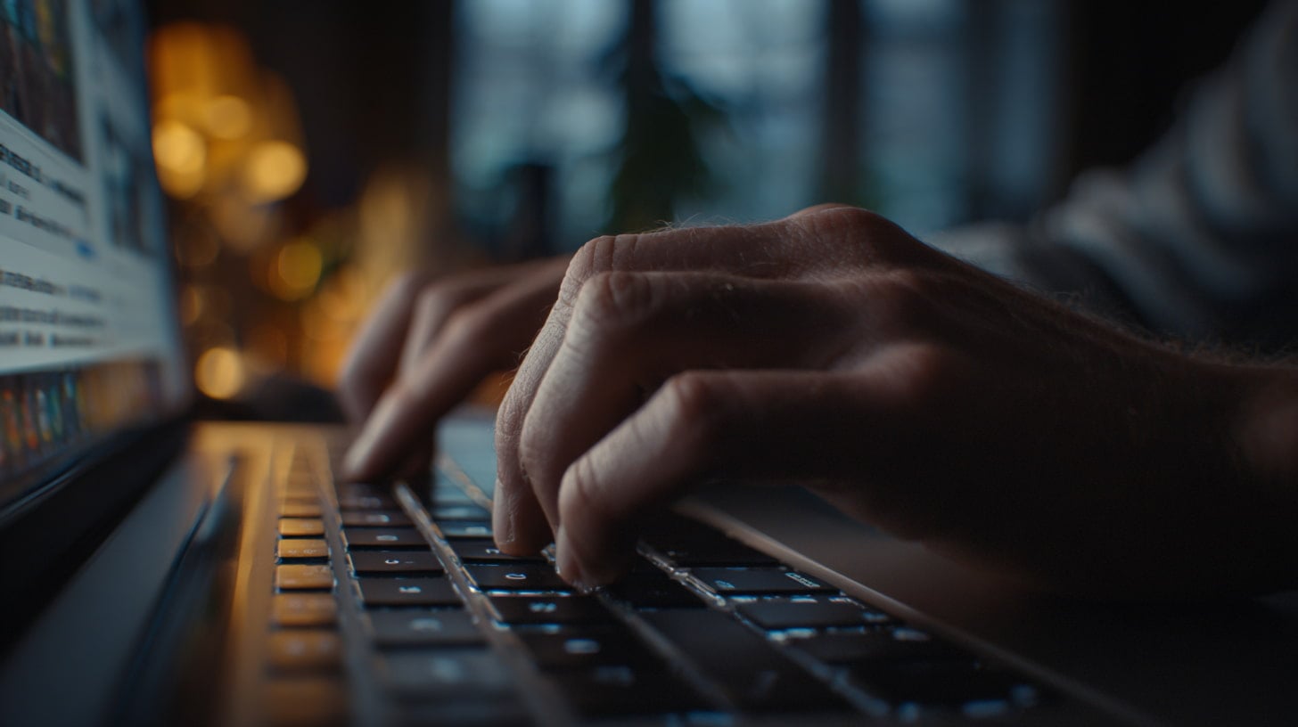 Bezorgde handen typen, laptop toont verdachte huuradvertenties en waarschuwingen.