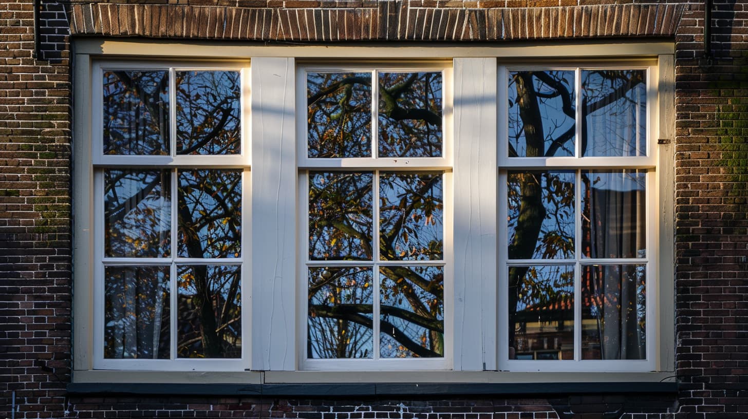 Een close-up van ramen in een Amsterdamse woning met enkelglas. In de weerspiegeling zie je een boom.
