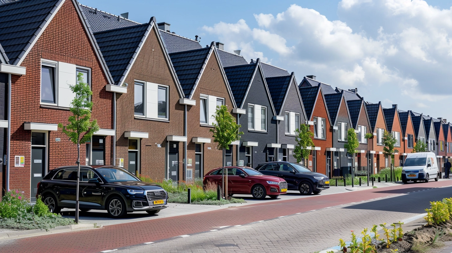 Nederlandse rijtjeshuizen met auto's aan de straat geparkeerd