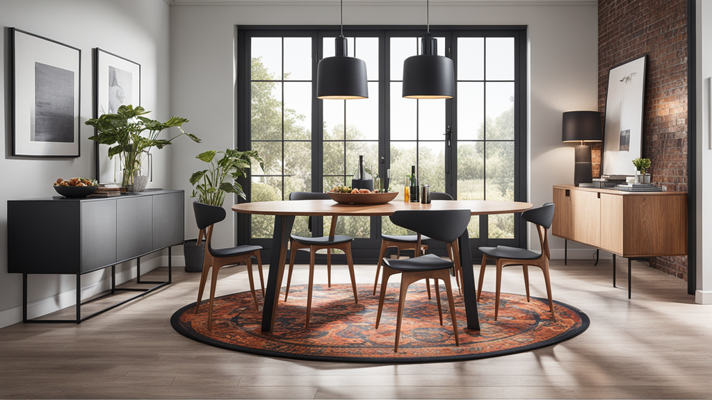 Een ronde vloerkleed in een huurwoning met een ronde eettafel. Een ronde vloerkleed in een huurwoning met een ronde eettafel.