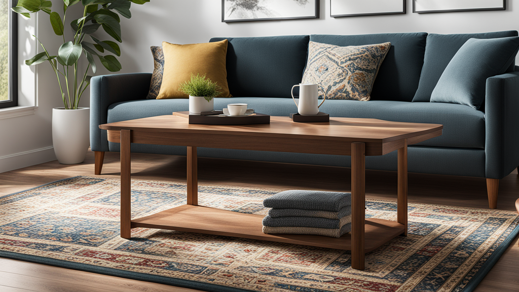 Een vloerkleed dat alleen de salontafel bedekt in de woonkamer. Een vloerkleed dat alleen de salontafel bedekt in de woonkamer.