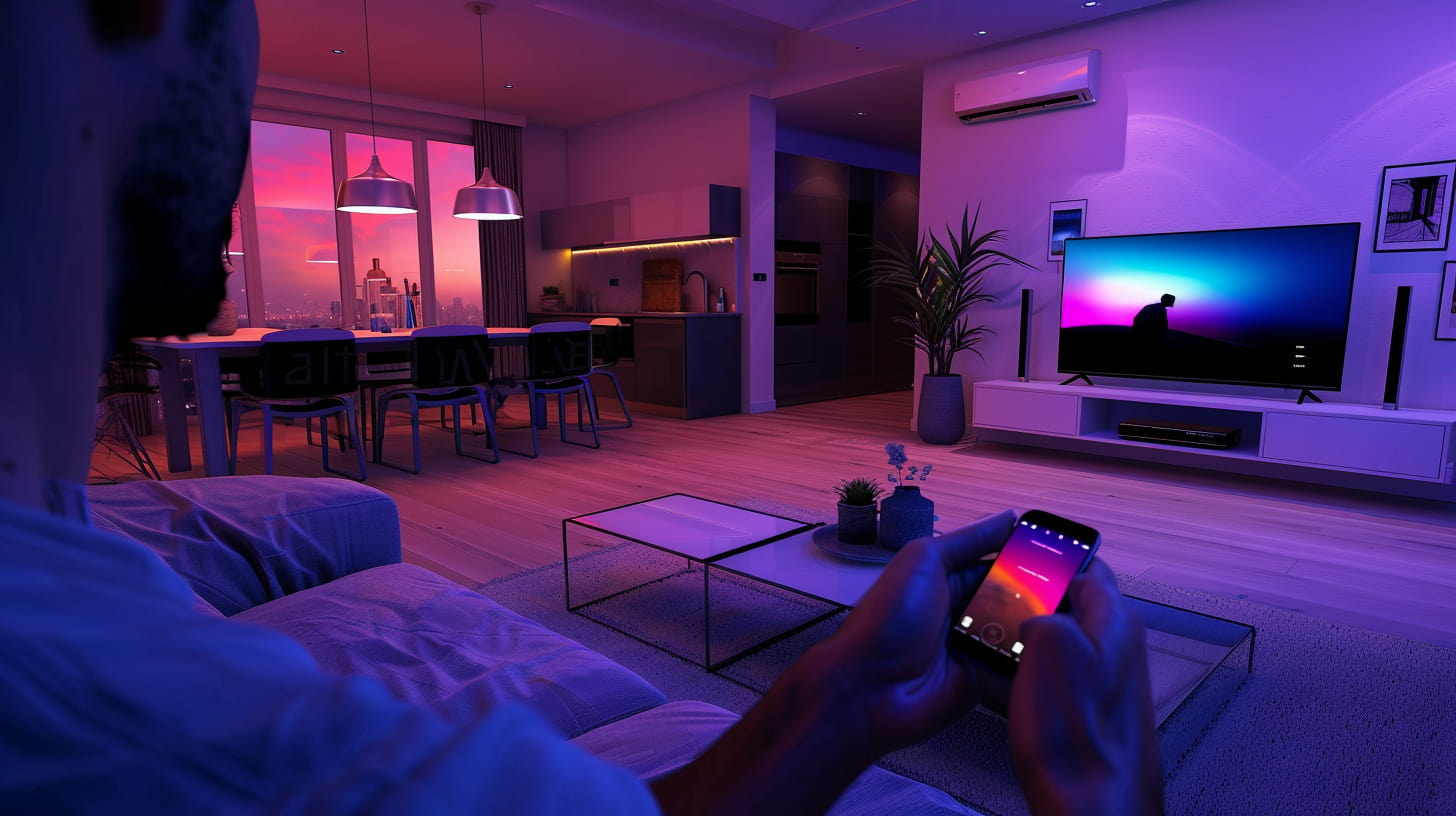Persoon zittend op de bank voor de tv in de woonkamer. Telefoon in de hand en de lampen hebben een roze kleur. Persoon zittend op de bank voor de tv in de woonkamer. Telefoon in de hand en de lampen hebben een roze kleur.