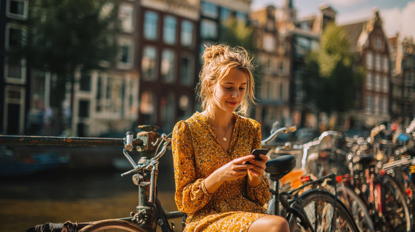 Vrouw reageert snel op woningmelding op telefoon, zittend aan Amsterdamse gracht met fietsen.