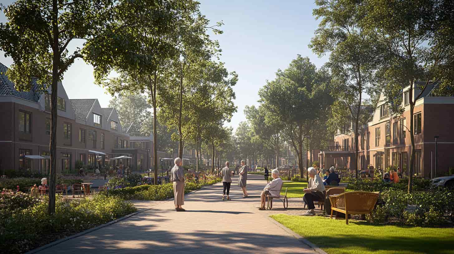 Ouderen praten met elkaar in veilige, groene wijk zonder drempels of verkeer