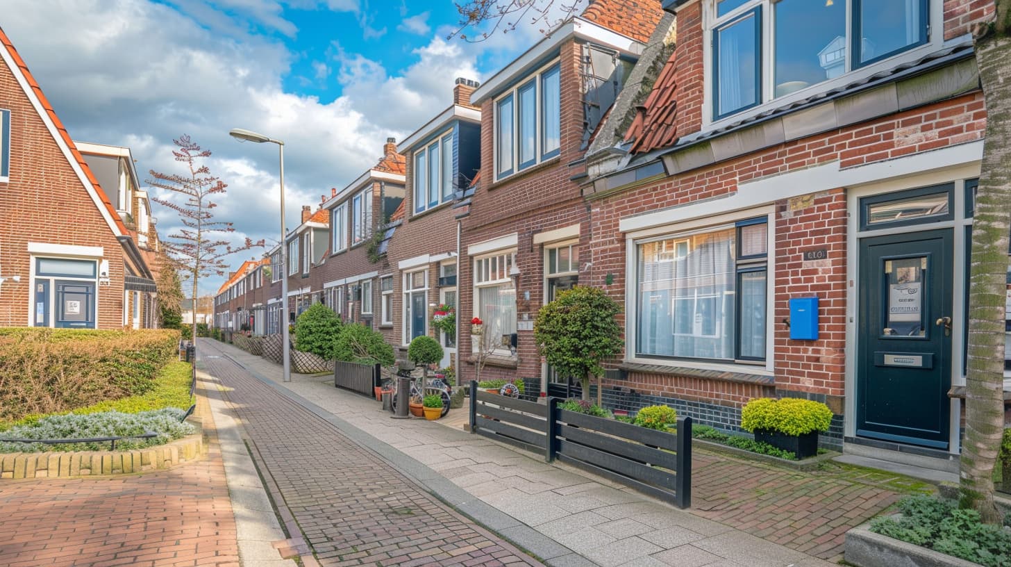 Een typische Nederlandse straat met een rij stenen huurwoningen en een bewolkte lucht.