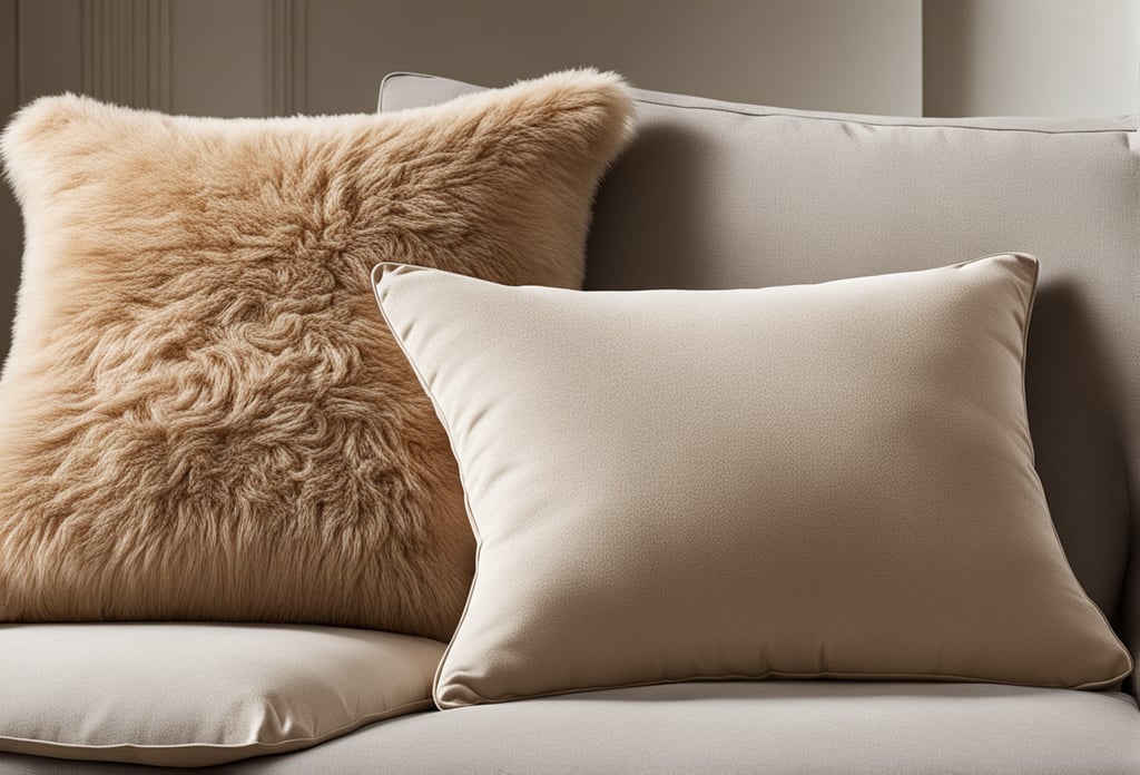 Zachte, beige kussens gemaakt van teddystof in een sfeervolle woonkamer. Zachte, beige kussens gemaakt van teddystof in een sfeervolle woonkamer.