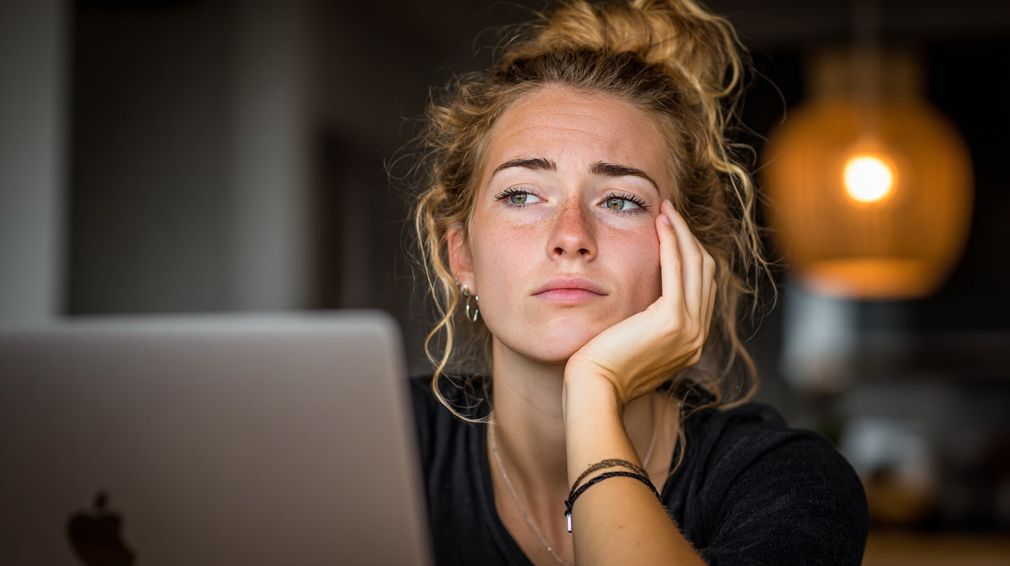 Teleurgestelde vrouw achter laptop ziet dat woningadvertentie niet meer beschikbaar is.