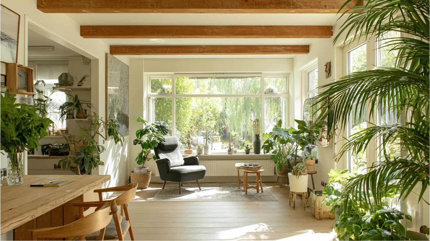 Minimalistisch ingerichte zomerhuurkamer met grote ramen, planten en houten balken in Nederland.