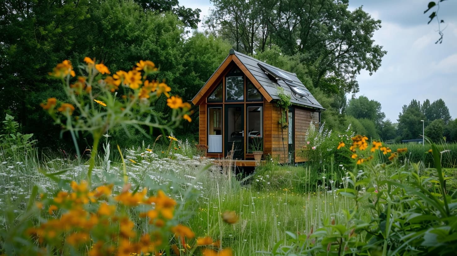 Een houten tiny house in de natuur met gele bloemetjes voor het huis. Een houten tiny house in de natuur met gele bloemetjes voor het huis.