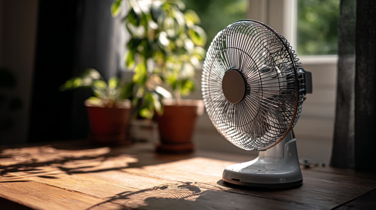 Tafelventilator draait in warme kamer met zonlicht en planten