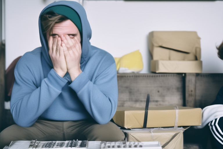 Een jongeman zit verdrietig op een bank met verhuisdozen om hem heen