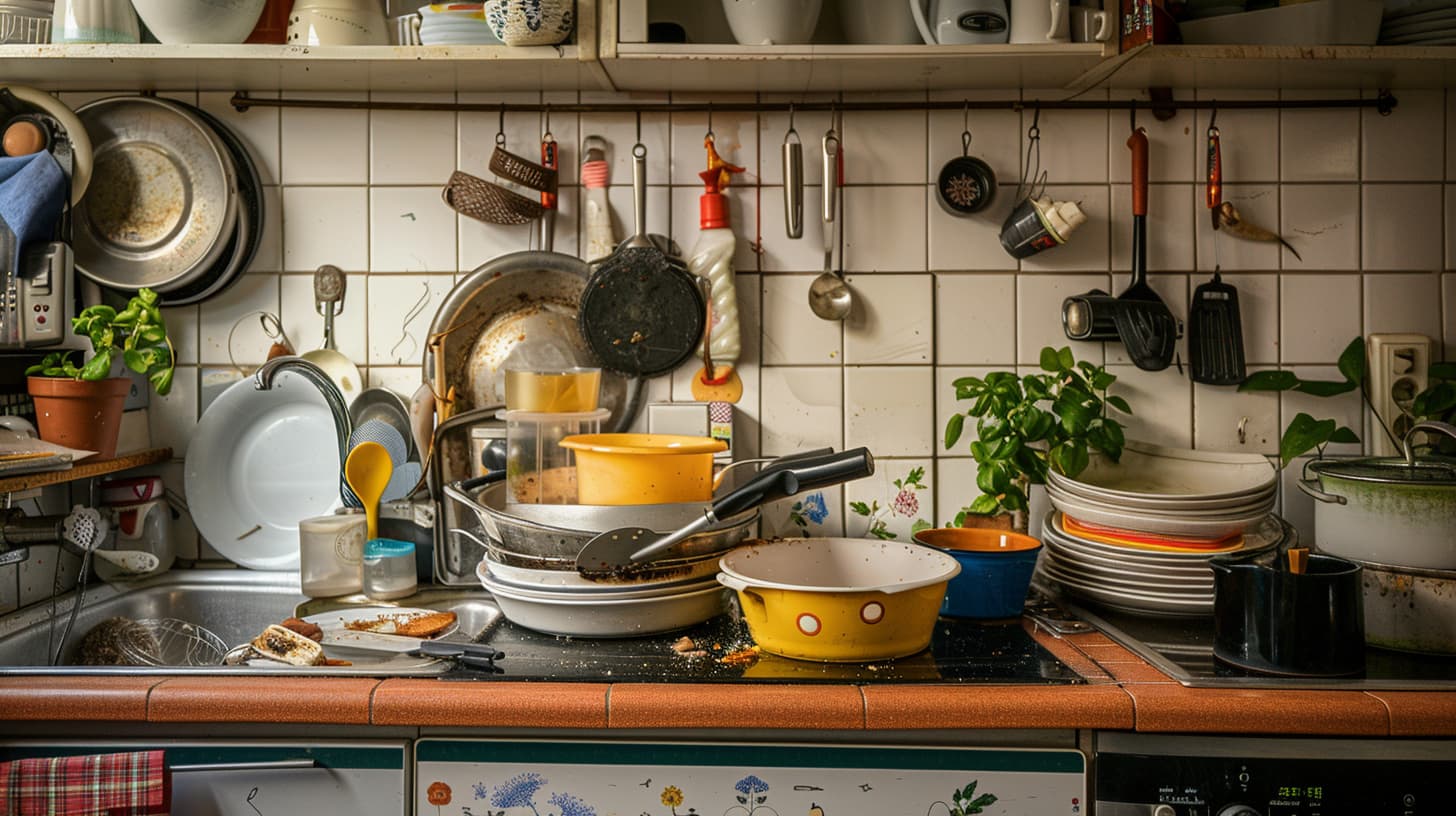 Een keuken met een stapel vuile vaat en afwas. Een keuken met een stapel vuile vaat en afwas.