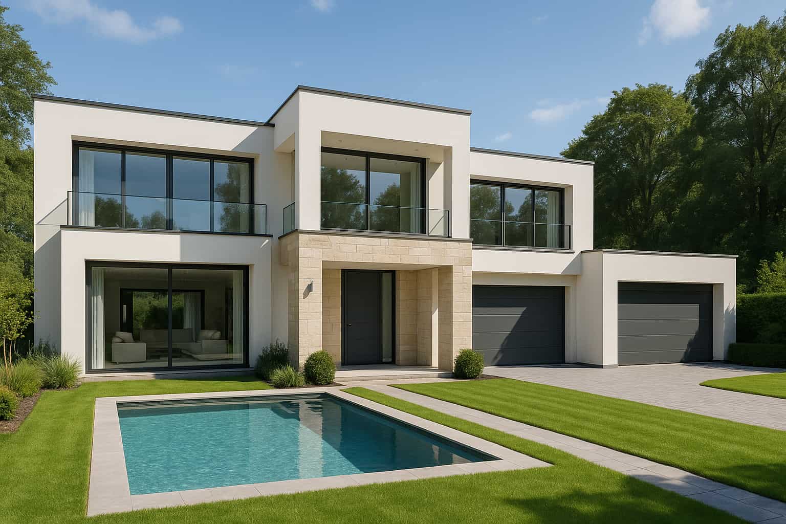 Een witte villa met een zwembad in de tuin tijdens een mooie zomerdag
