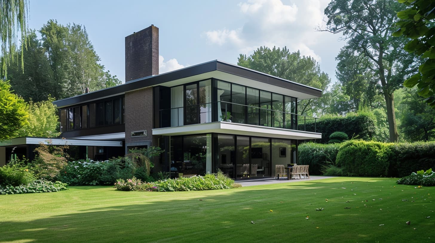 Een moderne zwarte villa op een groot stuk land met veel ramen.