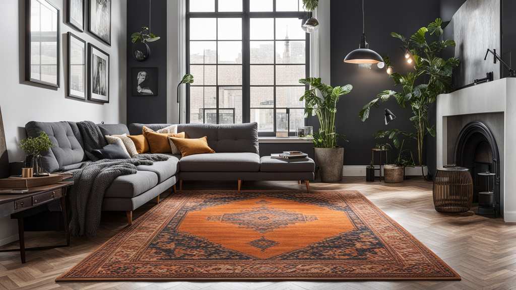 Een vloerkleed met warme tinten in een huurwoning met een industrieel interieur. Een vloerkleed met warme tinten in een huurwoning met een industrieel interieur.