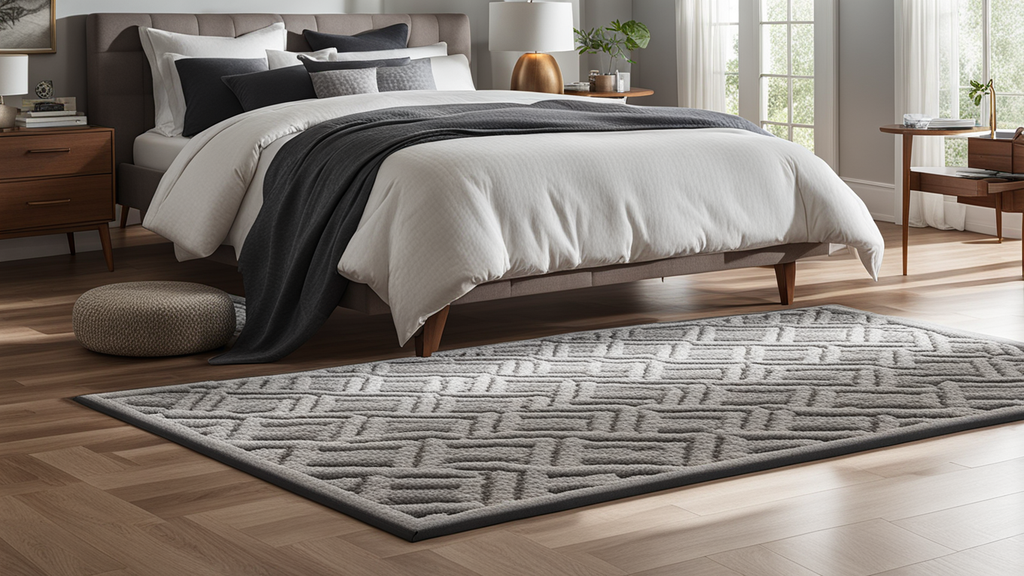 Een vloerkleed in een huurwoning dat voor een bed geplaatst is aan het voeteneind. Een vloerkleed in een huurwoning dat voor een bed geplaatst is aan het voeteneind.