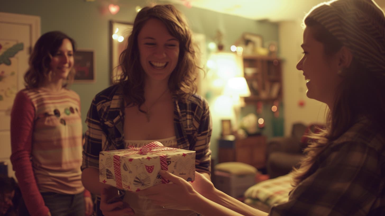 Twee jonge vrouwen in een gezellige woonkamer. De een overhandigt de ander een housewarming cadeau Twee jonge vrouwen in een gezellige woonkamer. De een overhandigt de ander een housewarming cadeau