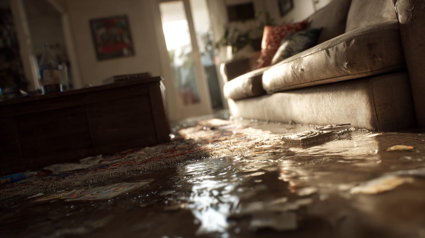 Natte bank en doorweekte vloerbedekking na lekkage