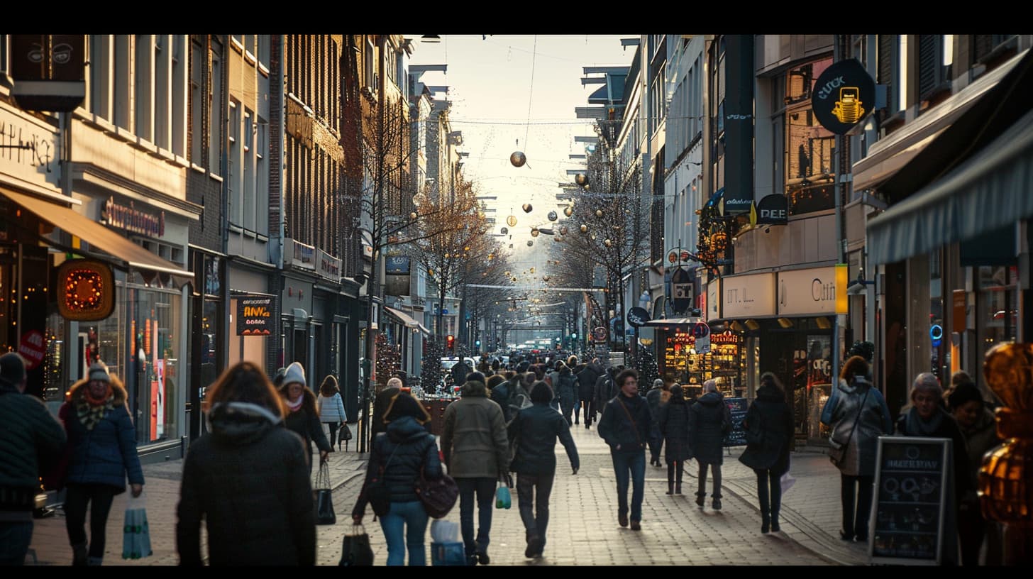 Drukke winkelstraat in Nederland met kerstverlichting en mensen met tassen. Drukke winkelstraat in Nederland met kerstverlichting en mensen met tassen.