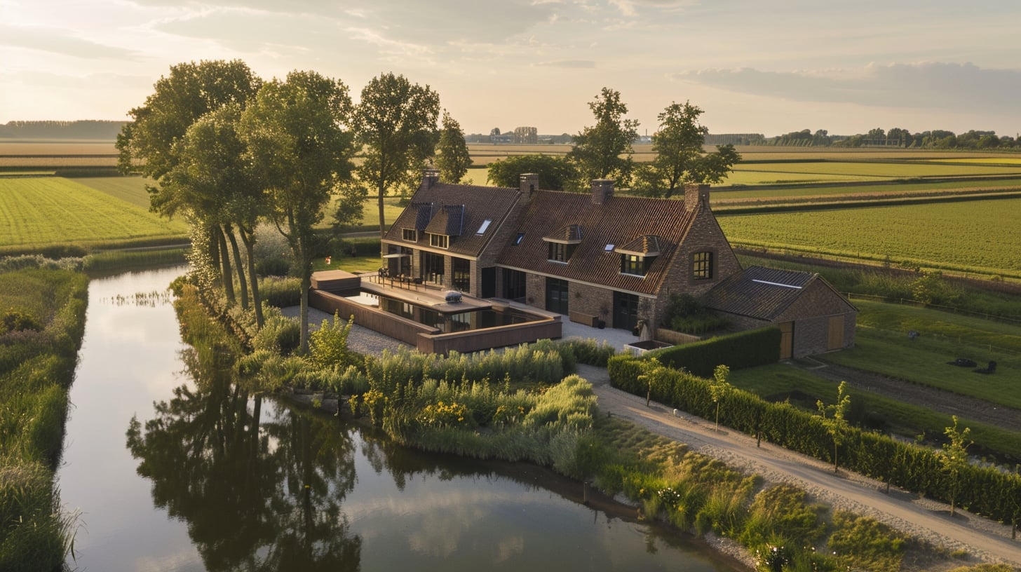 Een woonboerderij in Nederland omringd door bomen water