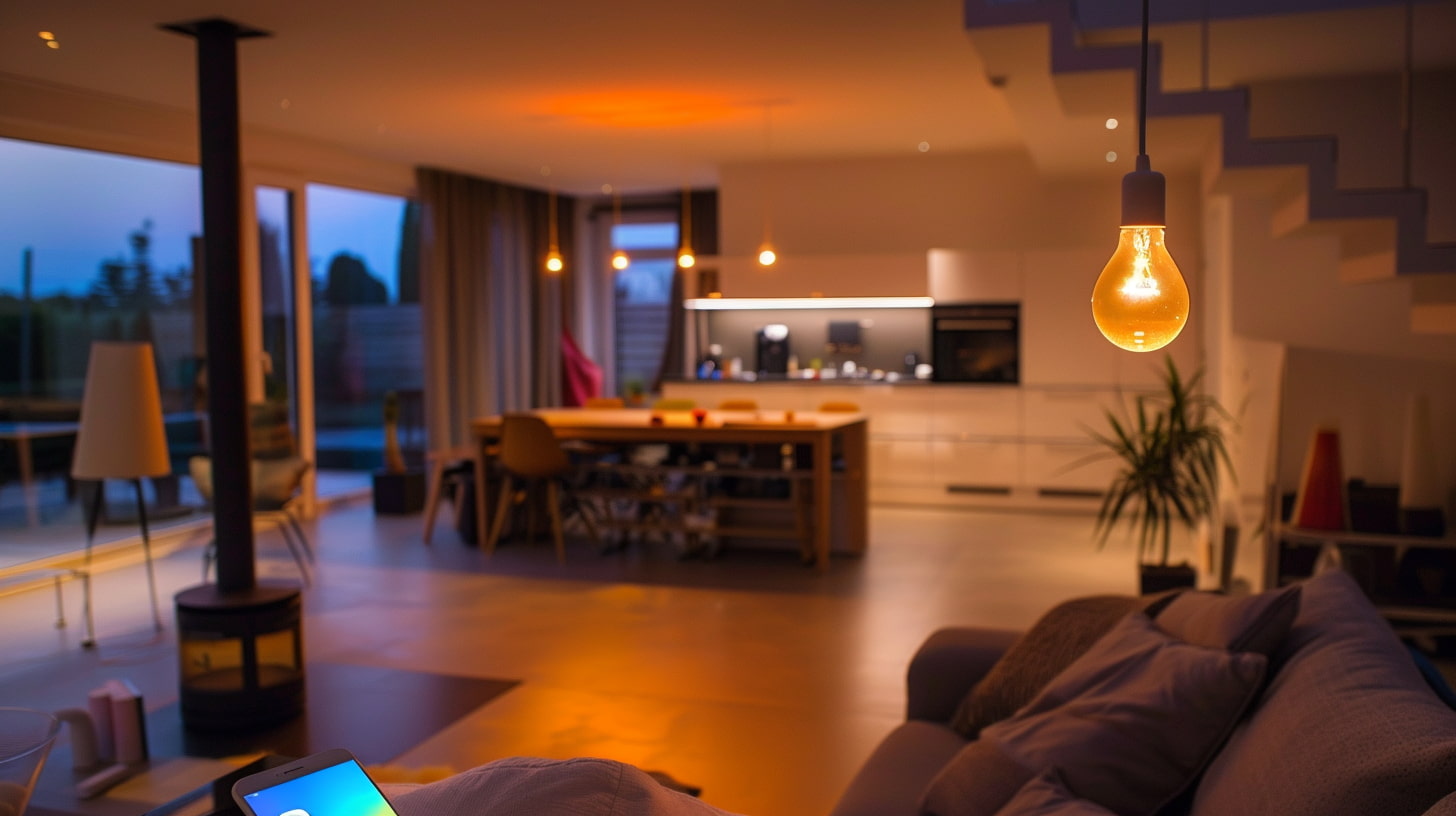 Woonkamer in de avond met ledlampen Woonkamer in de avond met ledlampen
