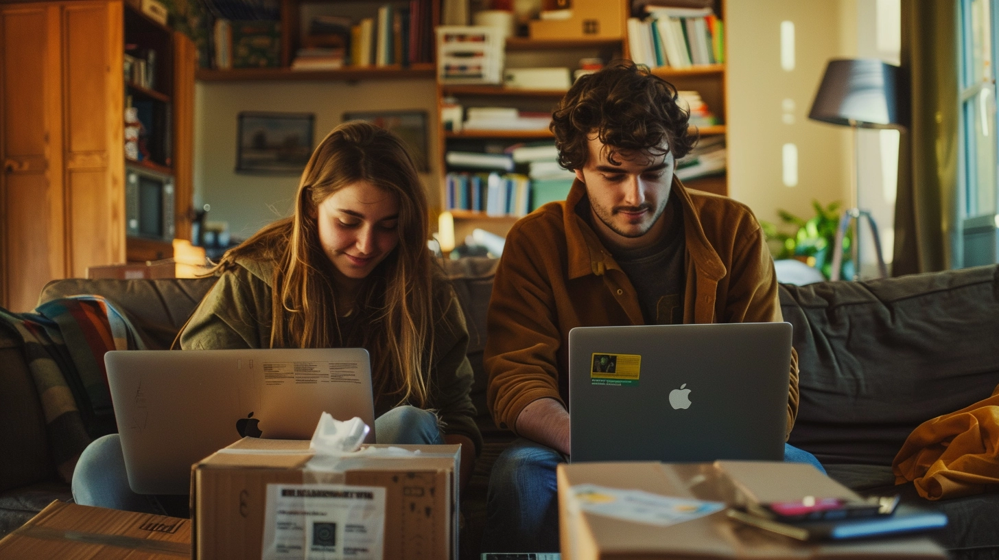 Twee jonge mensen zitten op de bank met hun Macbook omringt door verhuisdozen Een koppel is bezig op de laptop omgeven door verhuisdozen