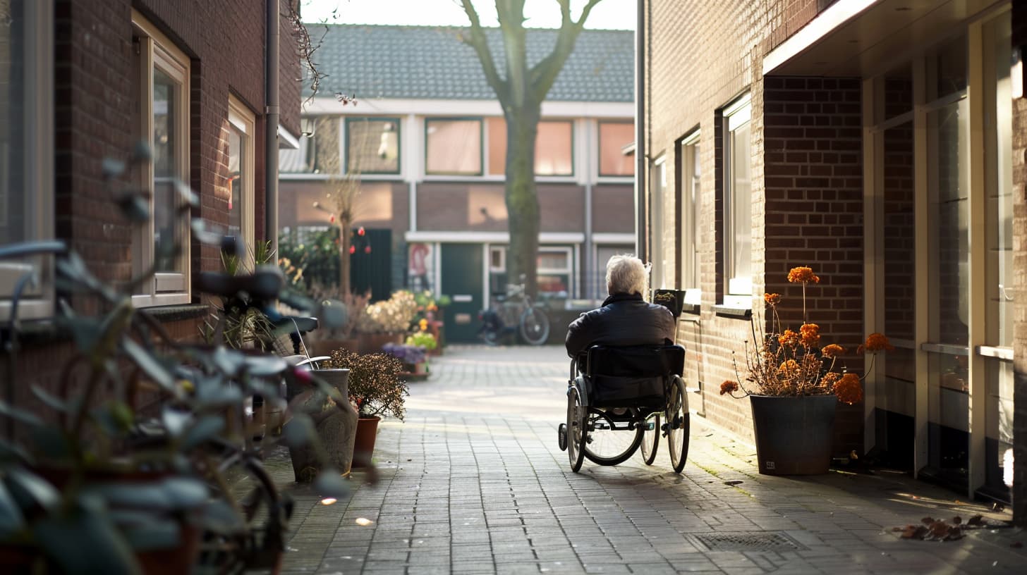 Vrouw in rolstoel vertrekt uit haar aanleunwoning Vrouw in rolstoel vertrekt uit haar aanleunwoning