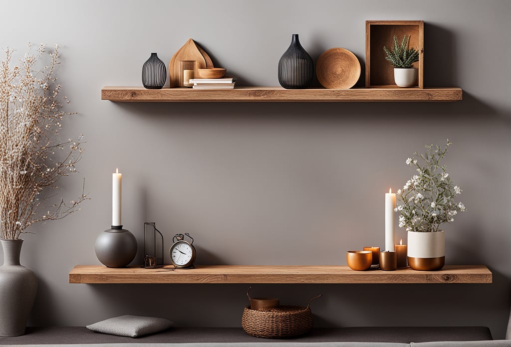 Woonkamer inspiratie warm: Twee wandplanken in de woonkamer met woonaccessoires gemaakt van donkere houtsoorten. Woonkamer inspiratie warm: Twee wandplanken in de woonkamer met woonaccessoires gemaakt van donkere houtsoorten.