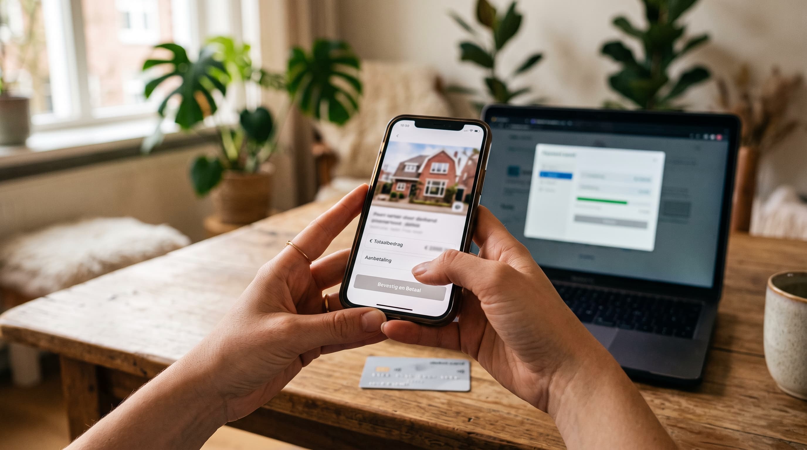 Handen met smartphone en betaalscherm, twijfel voor betalen aan nepverhuurder