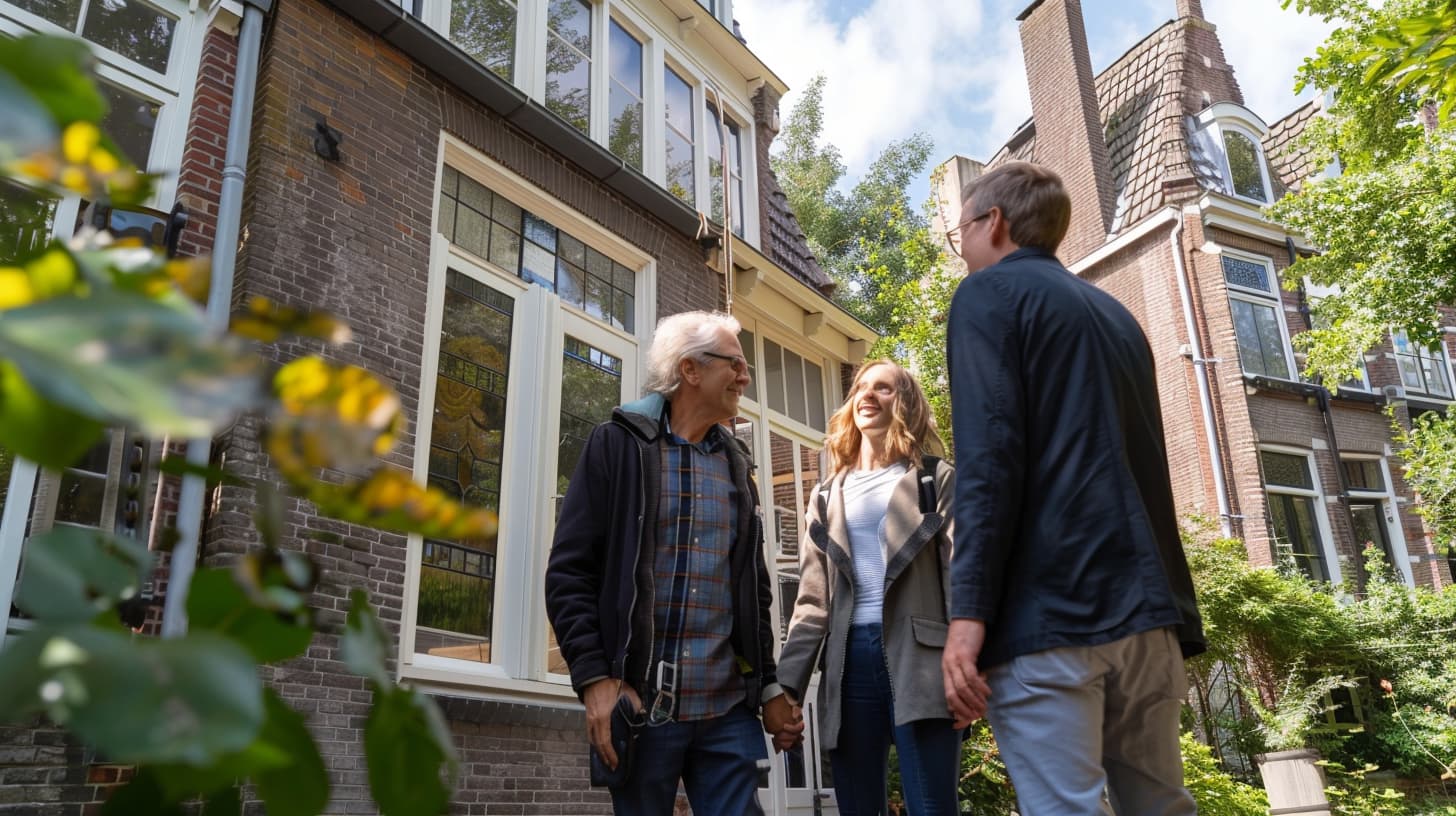 Een koppel spreekt af met een verhuurder voor een bezichtiging Een koppel spreekt af met een verhuurder voor een bezichtiging