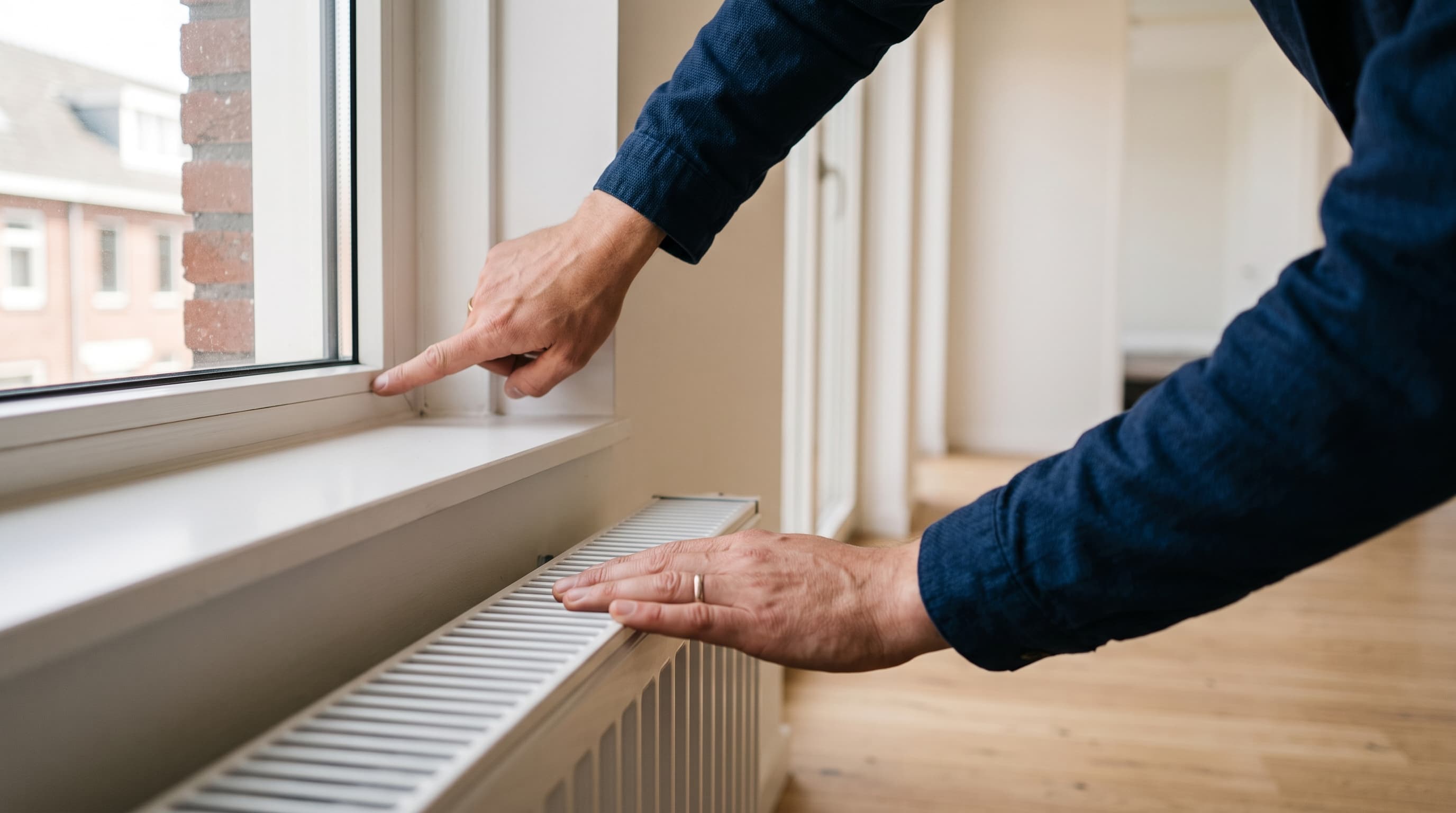 Woningzoeker controleert raam en kozijn tijdens een bezichtiging