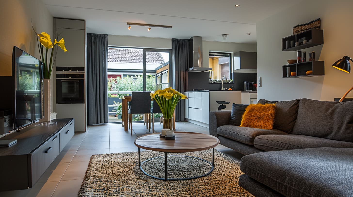 Binnenkant van een modern gerichte huurwoning met gele tulpen op tafel