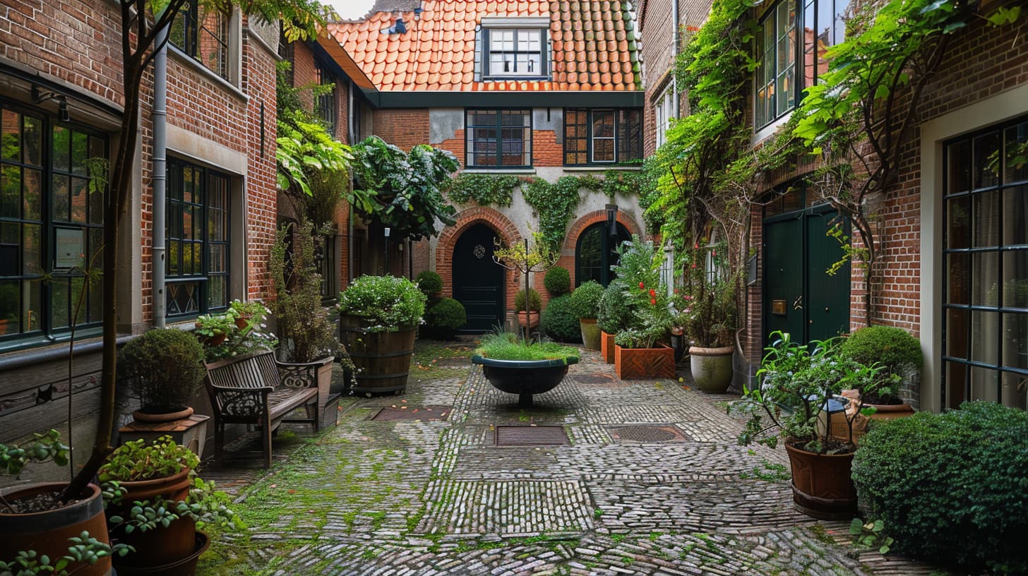 Een binnentuin met een stenengrond en veel potten met planten en klimop. Een binnentuin met een stenengrond en veel potten met planten en klimop.