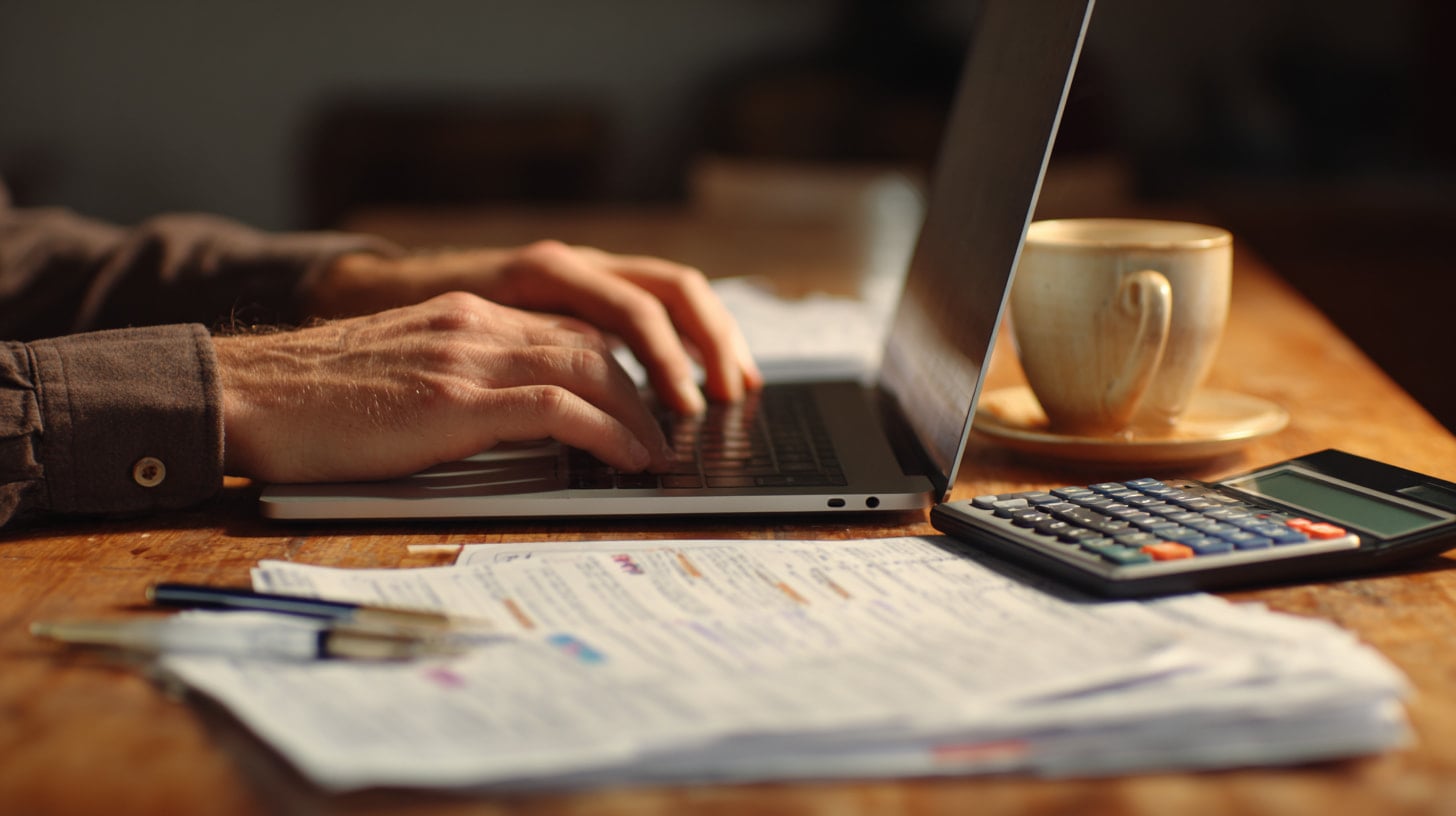 Close-up van handen op laptop en rekenmachine voor berekenen huurbudget.