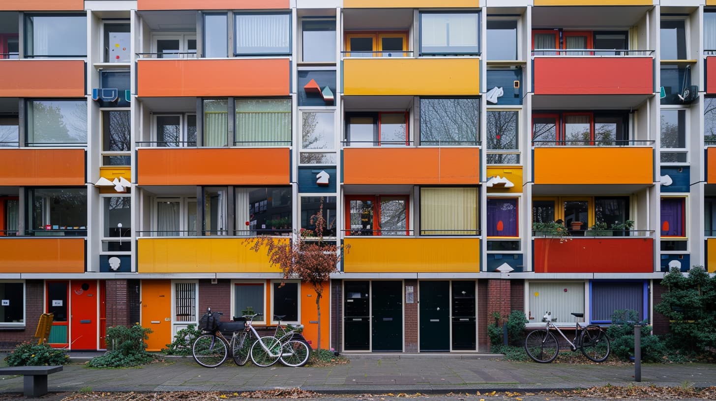 Een corridorflat met gekleurde balkons Een corridorflat met gekleurde balkons