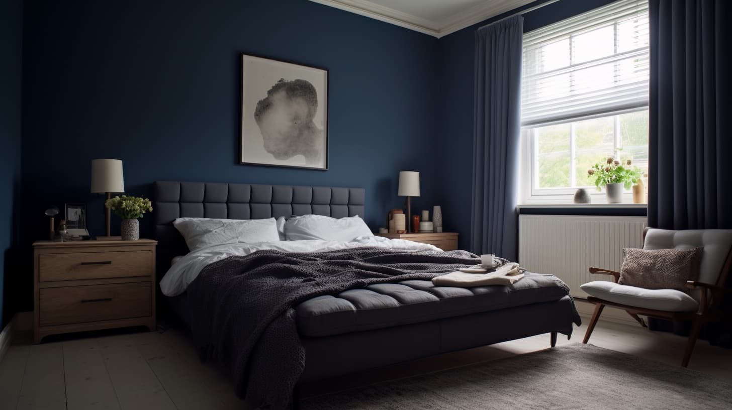 Slaapkamer met een donkerblauwe muur en blauwe gordijnen. Slaapkamer met een donkerblauwe muur en blauwe gordijnen.