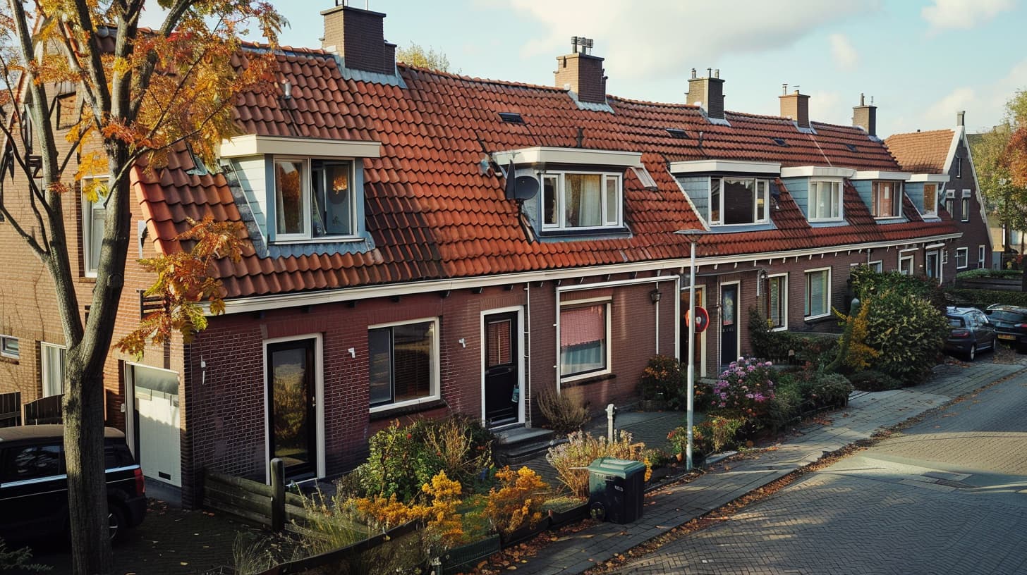 Een straat met een traditionele Nederlandse doorzonwoning met daarnaast een rij andere doorzonwoningen.