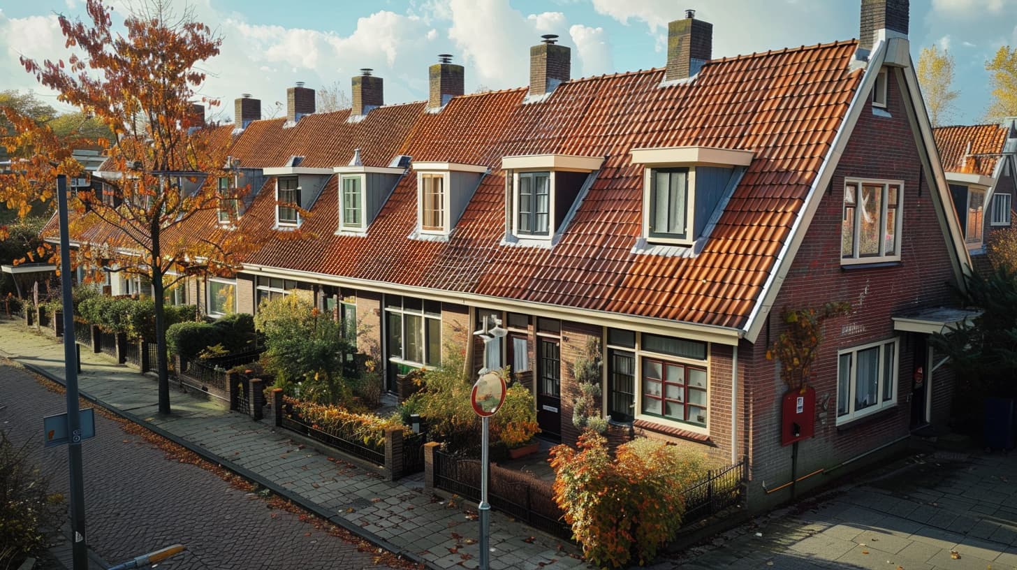 Een duplexwoning gevolgd door een rij met Nederlandse duplexwoningen.