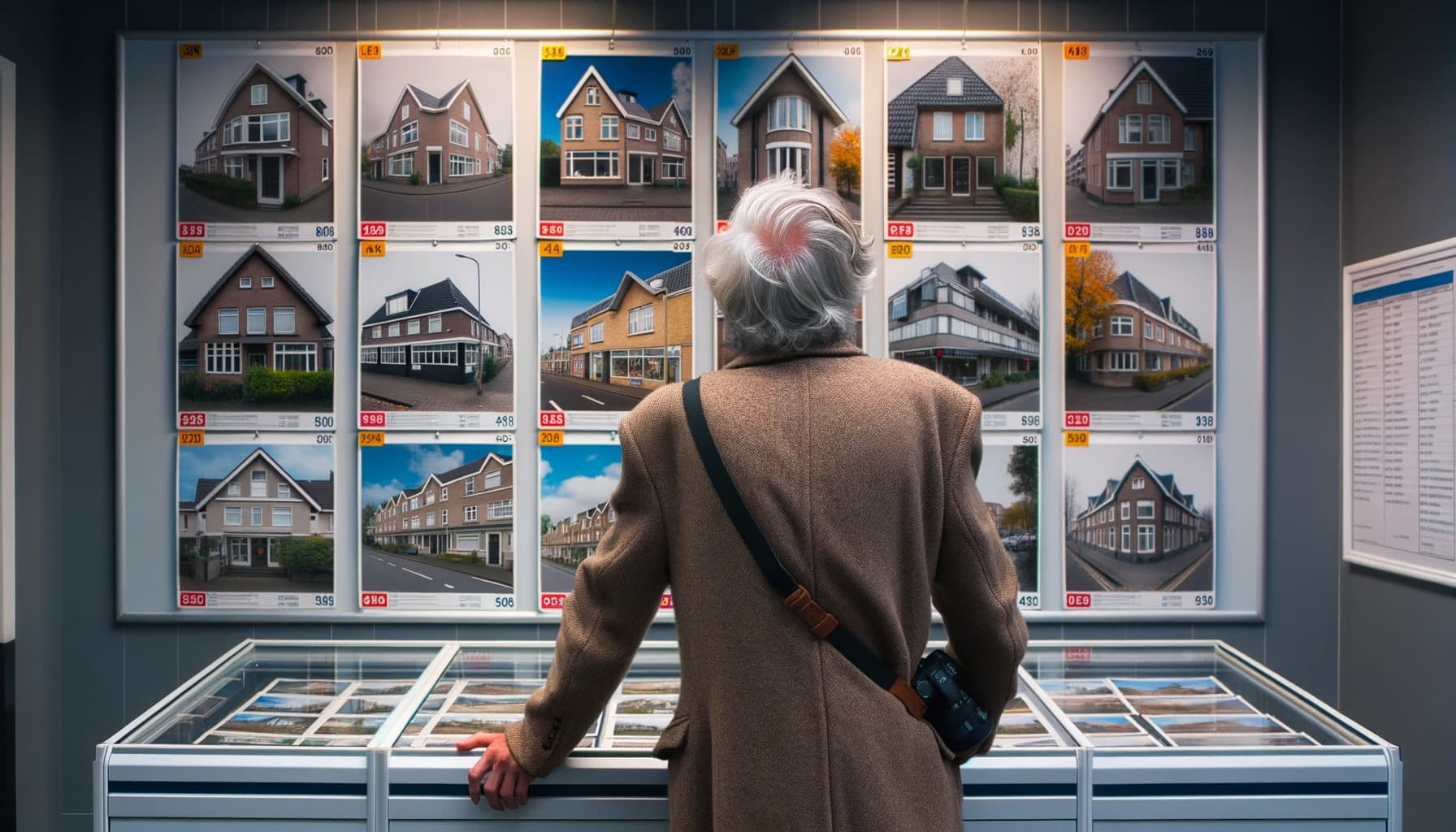 Een man staat voor een makelaarskantoor, kijkend naar de foto's van beschikbare huurwoningen in het raam. Een man staat voor een makelaarskantoor, kijkend naar de foto's van beschikbare huurwoningen in het raam.