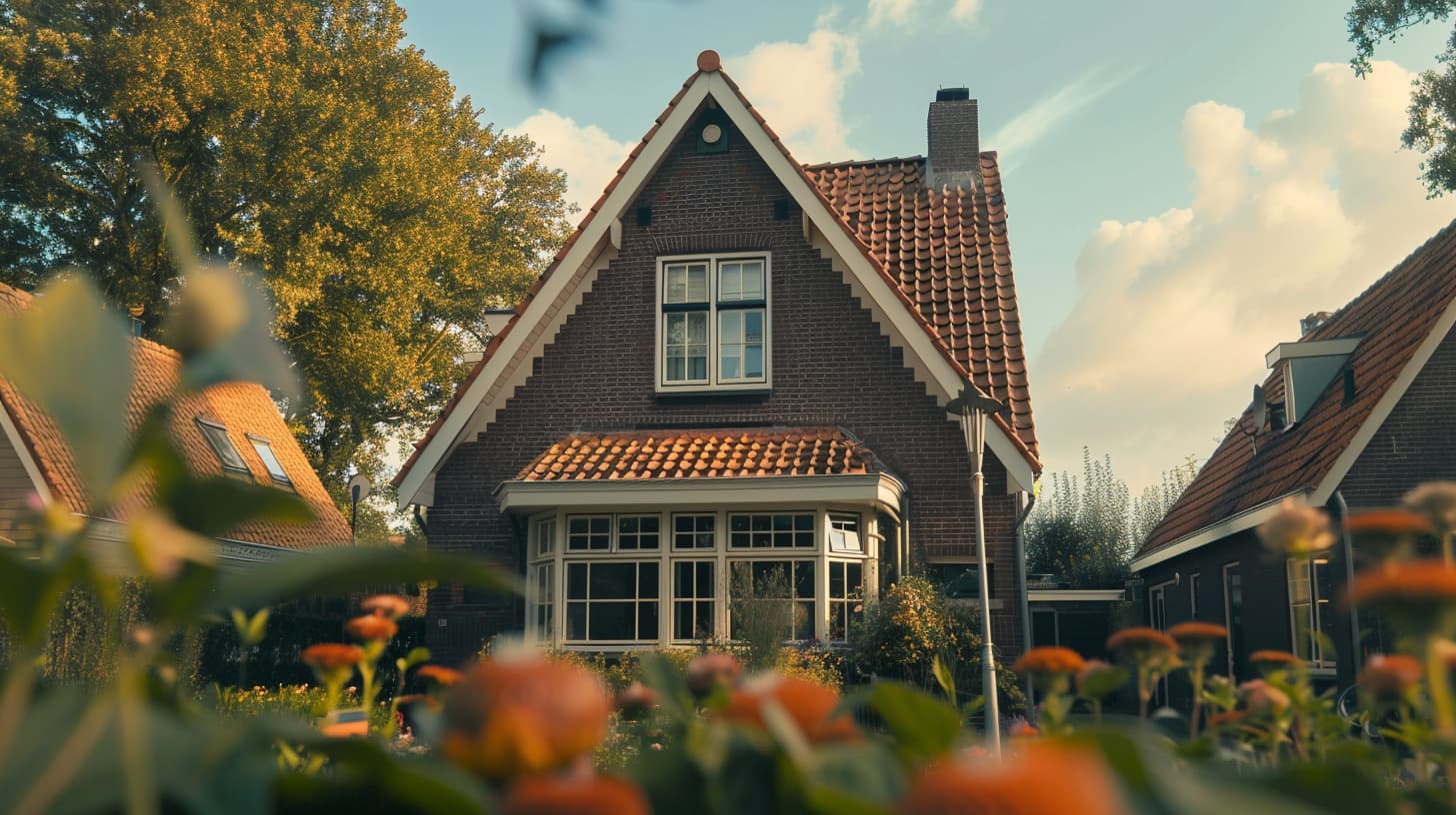 Charmante Nederlandse eengezinswoning met bloemen op de voorgrond, een rood dak en een blauwe lucht op de achtergond.