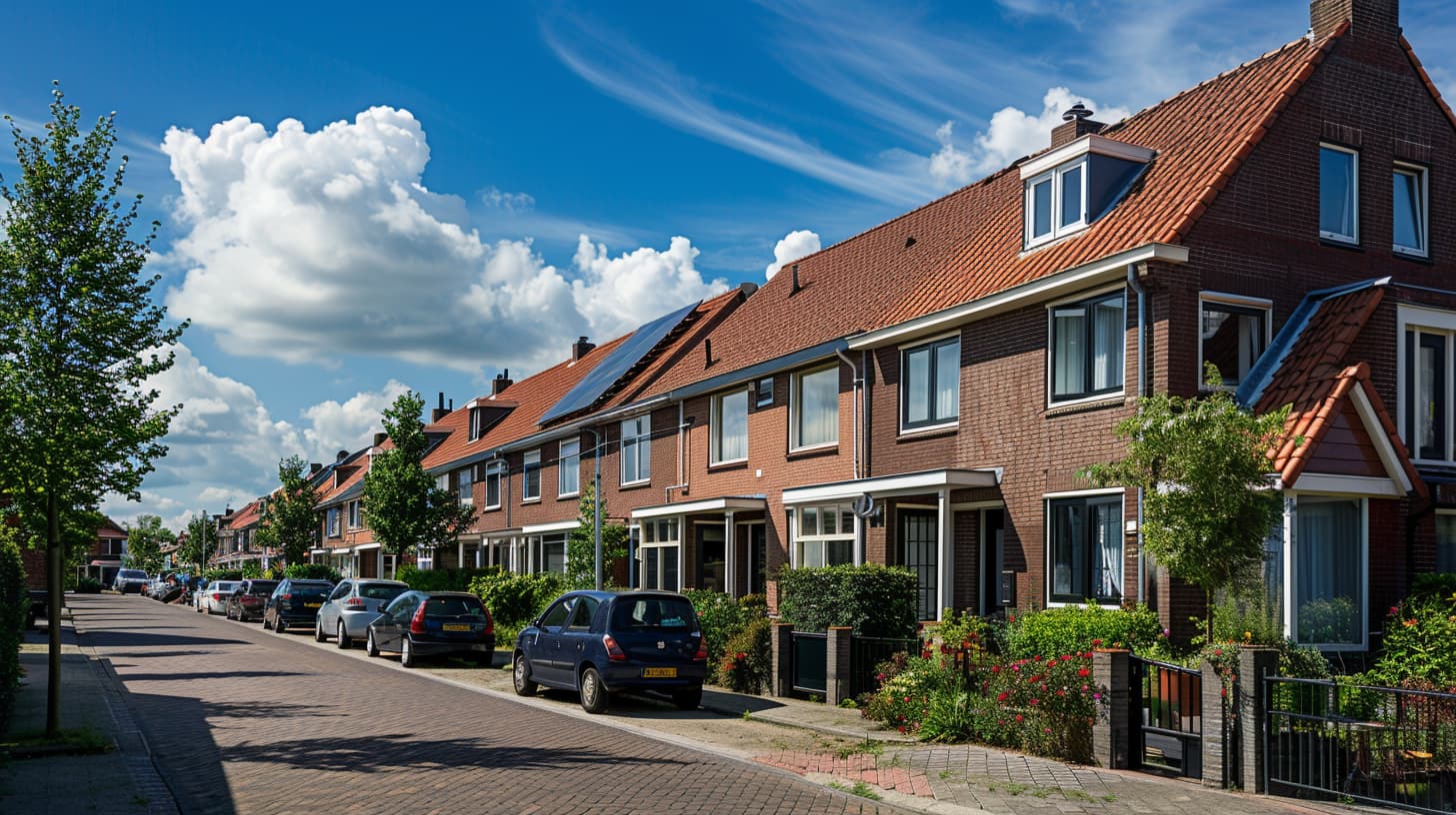 Een eindwoning met daarop volgend een rij Nederlandse huizen. De lucht is blauw en er staan auto's voor de deur.